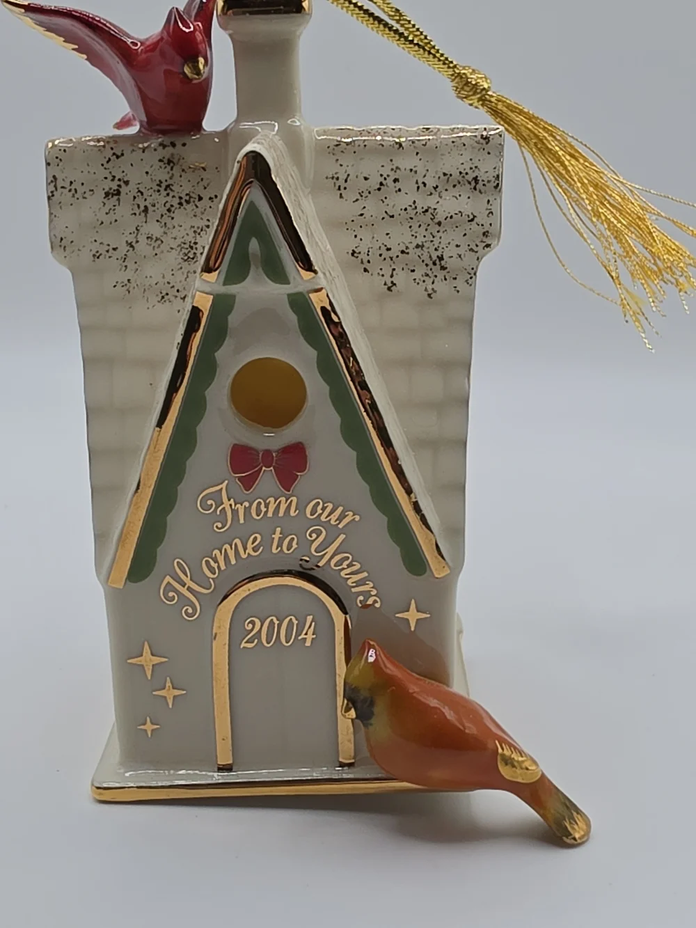 Lenox 2004 White & Gold Cardinal Birdhouse Holiday Ornament